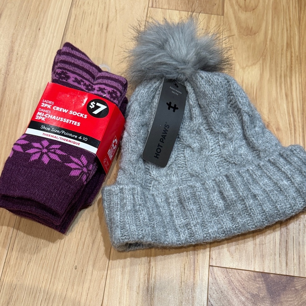 🎉 Gray Pom-Pom Beanie and Purple Crew Socks Set